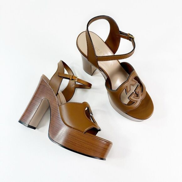 GUCCI Cosmos Softy Cutout Interlocking G Brown Platform Heel Size 40.5 Sandal - Picture 1 of 15